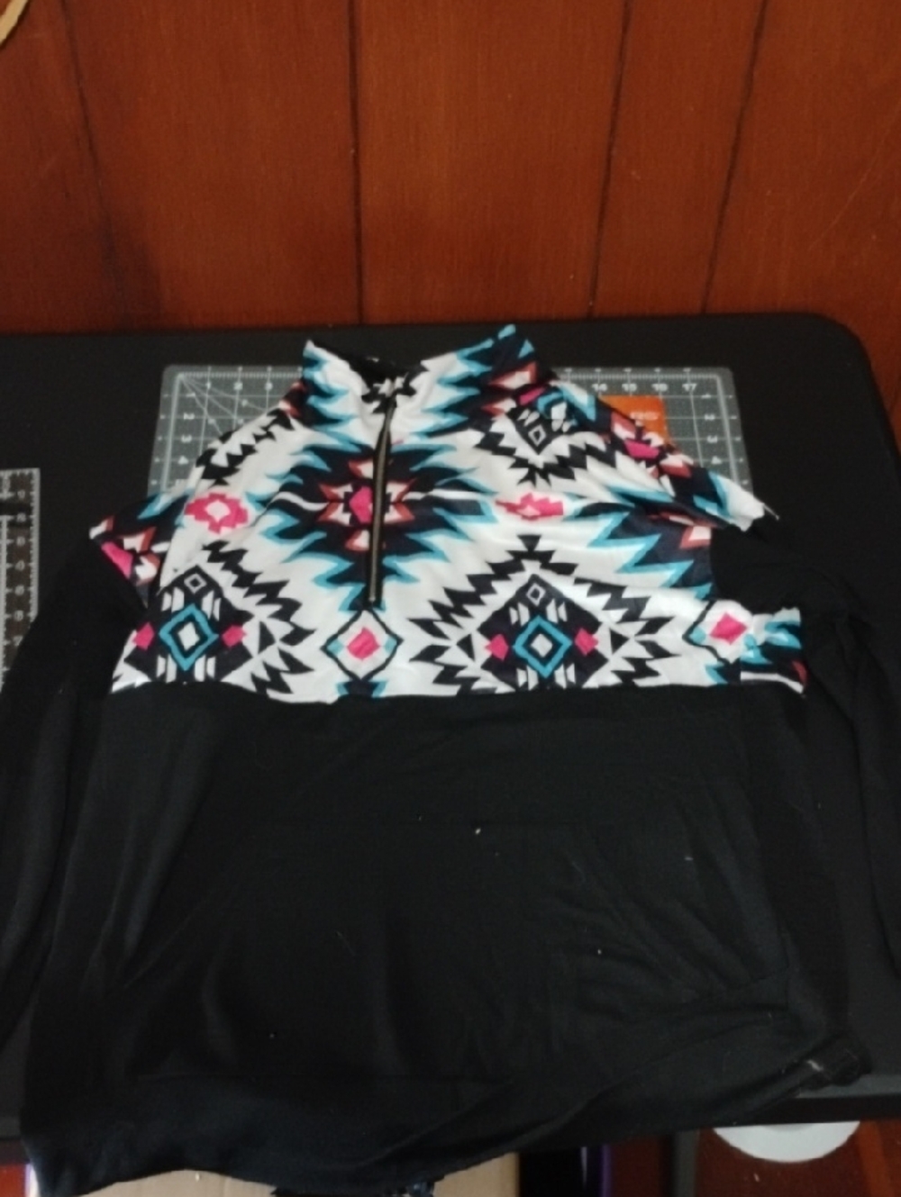 Aztec Print Quarter-Zip Pullover - Black, Teal, Pink
